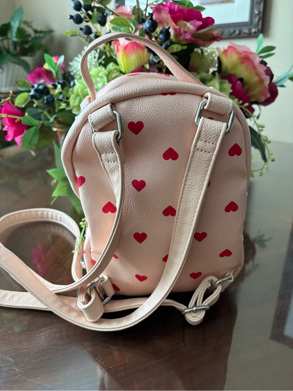 Betsey Johnson Pink Mini Puppy Backpack with Red Heart Print